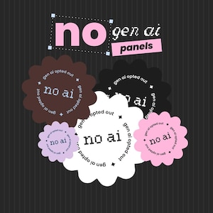 May include: A collection of five scalloped circular stickers in brown, black, white, light purple, and pink. Each sticker features the text "no ai" in the center and "gen ai opted out" printed in a circular pattern around the text with small stars.