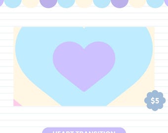 Puede incluir: Gráfico en colores pastel con un corazón azul claro y un corazón morado en el centro, sobre un fondo crema. El texto "HEART TRANSITION" se muestra debajo del gráfico.