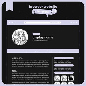 May include: A website template design with a black and light purple color scheme. The template includes sections for a display name, about me, and lore. The design features a cartoon avatar and the text "browser website template P2U".