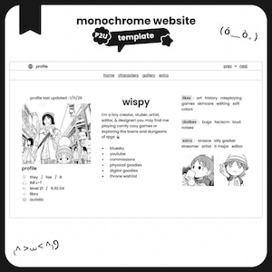 May include: Monochrome website template with the text "monochrome website" and "P2U template". The website profile includes the name "wispy", a description, and links to social media and other content. The design is in black and white.