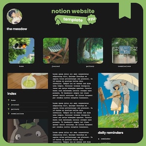 May include: A Notion website template with a green and black color scheme. The template includes illustrations from a Japanese animated film. The text on the template includes "notion website template P2U", "the meadow", and various section titles.