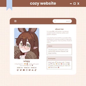 Puede incluir: Diseño de sitio web con encabezado marrón y fondo rosa claro. El sitio web presenta una foto de perfil de un personaje de dibujos animados con cabello castaño y orejas de conejo. El texto incluye "wispy" y "about me."