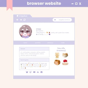 May include: A light purple website design with the text "browser website" at the top. The website features a profile picture, username, interests, and favorite games. The website also includes a section labeled "my silly inventory."