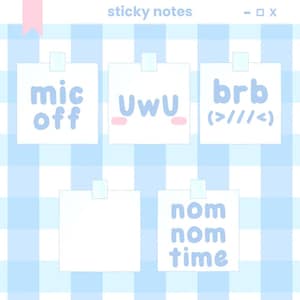 May include: A collection of sticky notes with various text and designs. The notes are attached to a light blue and white checkered background. Text includes "mic off", "UwU", "brb", and "nom nom time".