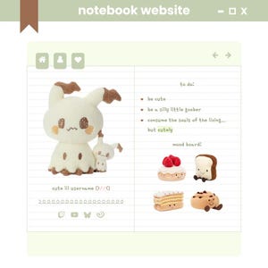 Könnte beinhalten: Ein digitales Notizbuch-Website-Design mit einem Plüschtier und einem Moodboard. Das Plüschtier ist weiß mit braunen Akzenten. Das Moodboard zeigt Plüsch-Lebensmittel wie Kuchen und Brot. Text enthält "be cute" und "cute lil username".