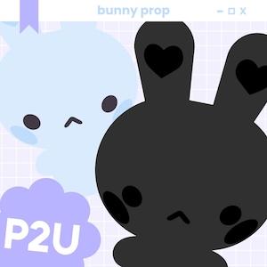 May include: Two cartoon bunny props, one light blue and one black, with heart-shaped accents on their ears. The text "bunny prop" is at the top, and "P2U" is at the bottom. The background has a grid pattern.