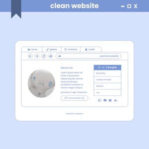 Puede incluir: Maqueta de diseño web azul claro con una interfaz blanca. La interfaz incluye botones de navegación, una foto de perfil y secciones etiquetadas como "about me" y "thoughts". El texto incluye "clean website" y "commission me".