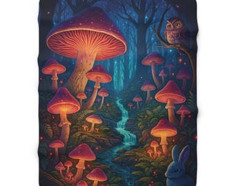 Manta Sherpa con diseño de hongos, acogedora, con escena de bosque de fantasía, decoración estilo cottagecore, regalo inspirado en la naturaleza para amantes de los hongos.