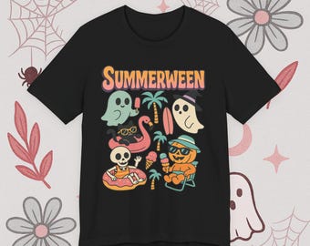 Summerween T-Shirt Funny Halloween in Summer Tee Cute Spooky Beach Skeleton Ghost Shirt
