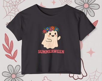 Summerween Crop Top Cute Flower Crown Ghost Shirt Spooky Halloween in Summer Kawaii Tee