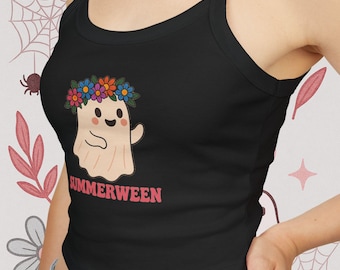 Summerween Crop Tank Top Cute Flower Crown Ghost Shirt Spooky Halloween in Summer Camisole
