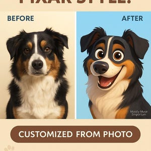 Portrait d'animal de compagnie personnalisé style Pixar | Chien ou chat dessin animé à partir d'une photo | Cadeau numérique d'art animalier
