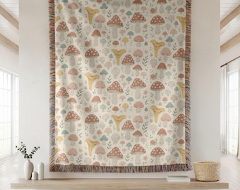 Boho Mushroom Blanket Cozy Woven Throw with Whimsical Mushroom Motif, Cottagecore Décor, Mushroom Gifts for Home