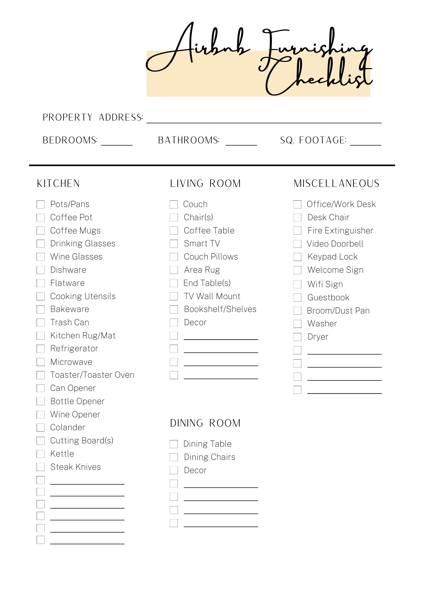 Airbnb Furnishing Checklist, VRBO Furnishing Checklist, Printable Short