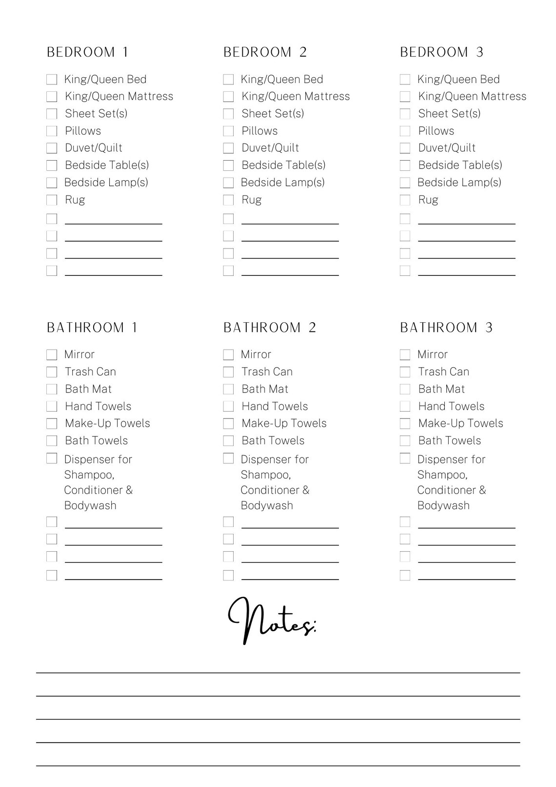 Airbnb Furnishing Checklist, VRBO Furnishing Checklist, Printable Short