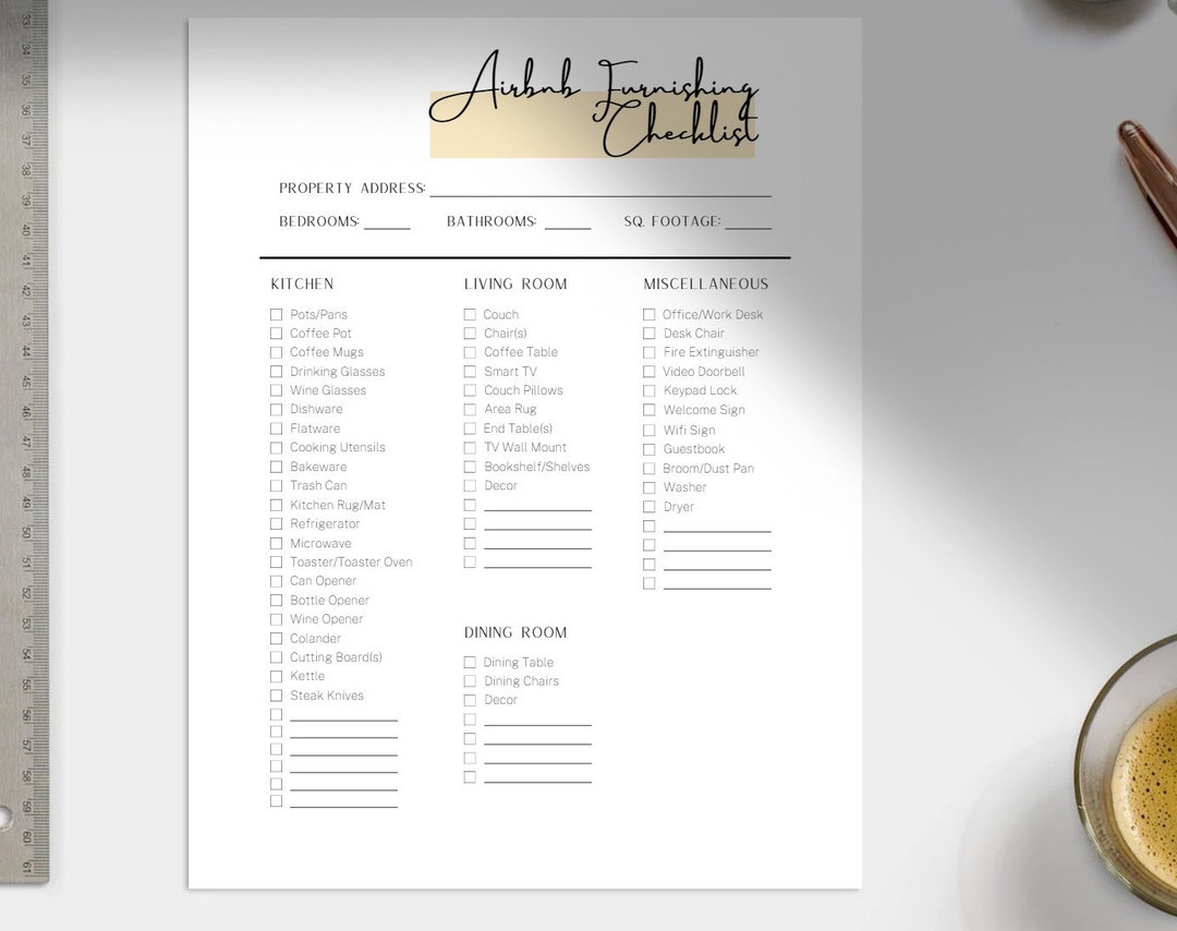 Airbnb Furnishing Checklist, VRBO Furnishing Checklist, Printable Short Term Rental Furniture