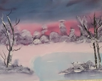 May include: An original landscape painting depicting a winter scene. The artwork features a serene lake, snow-covered trees, and a vibrant sky with hues of pink, blue, and purple. The painting evokes a sense of tranquility and natural beauty.
