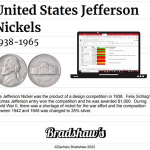 Puede incluir: Dos monedas de níquel de Jefferson de plata de 1938 a 1965. La moneda de la izquierda presenta un perfil de Thomas Jefferson. La moneda de la derecha presenta una representación del edificio Monticello. El texto "United States Jefferson Nickels 1938-1965" está en la parte superior de la imagen.