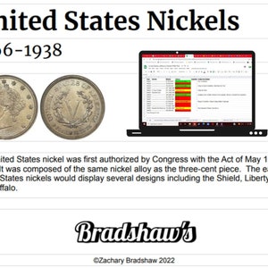 Puede incluir: Dos monedas de níquel de los Estados Unidos de 1866-1938. La moneda de la izquierda presenta un perfil de la Libertad. La moneda de la derecha presenta un número romano 'V' rodeado de una corona. El texto 'United States of America' es visible en la moneda de la derecha.