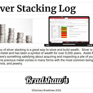 May include: A silver stacking log spreadsheet on a laptop computer screen. The spreadsheet has columns for date, quantity, price, and total. The spreadsheet is color-coded with green, yellow, and red. The spreadsheet is titled "Silver Stacking Log".