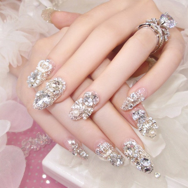 24 pcs Sparkling Bling Rhinestone Long Round Press-On Nails - Reusable, Glamorous Fake Nail Set