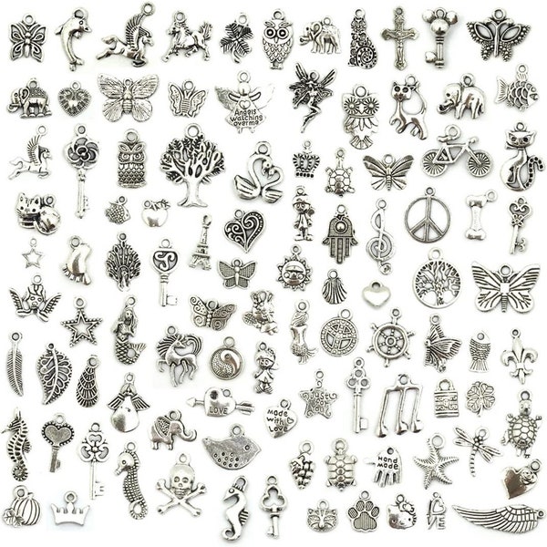 100 pcs Jewelry Making Silver Charms Mixed Wholesale Bulk Smooth Pendants DIY