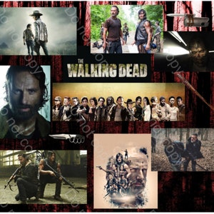May include: A collage of images from the TV show "The Walking Dead". The collage features various characters from the show, including Rick Grimes, Daryl Dixon, and Michonne. The images are arranged in a grid pattern, with a title card for the show at the top.