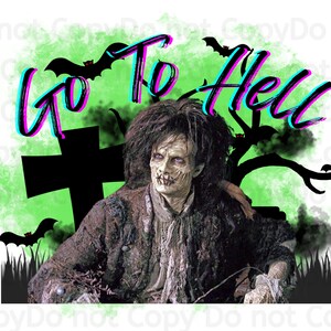 Könnte beinhalten: Ein Halloween-Grafikdesign mit einer zombieartigen Figur und dem Text "Go To Hell" in 3D-Optik. Das Design umfasst Fledermäuse, einen Grabstein und ein grün-schwarzes Farbschema, das eine gruselige Atmosphäre erzeugt.