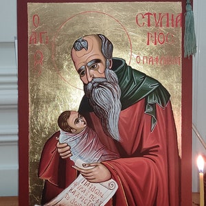 Saint Stylianos  Handpainted Icon Greek Orthodox Icon Byzantine Icon Gift For Baptism Children Patron