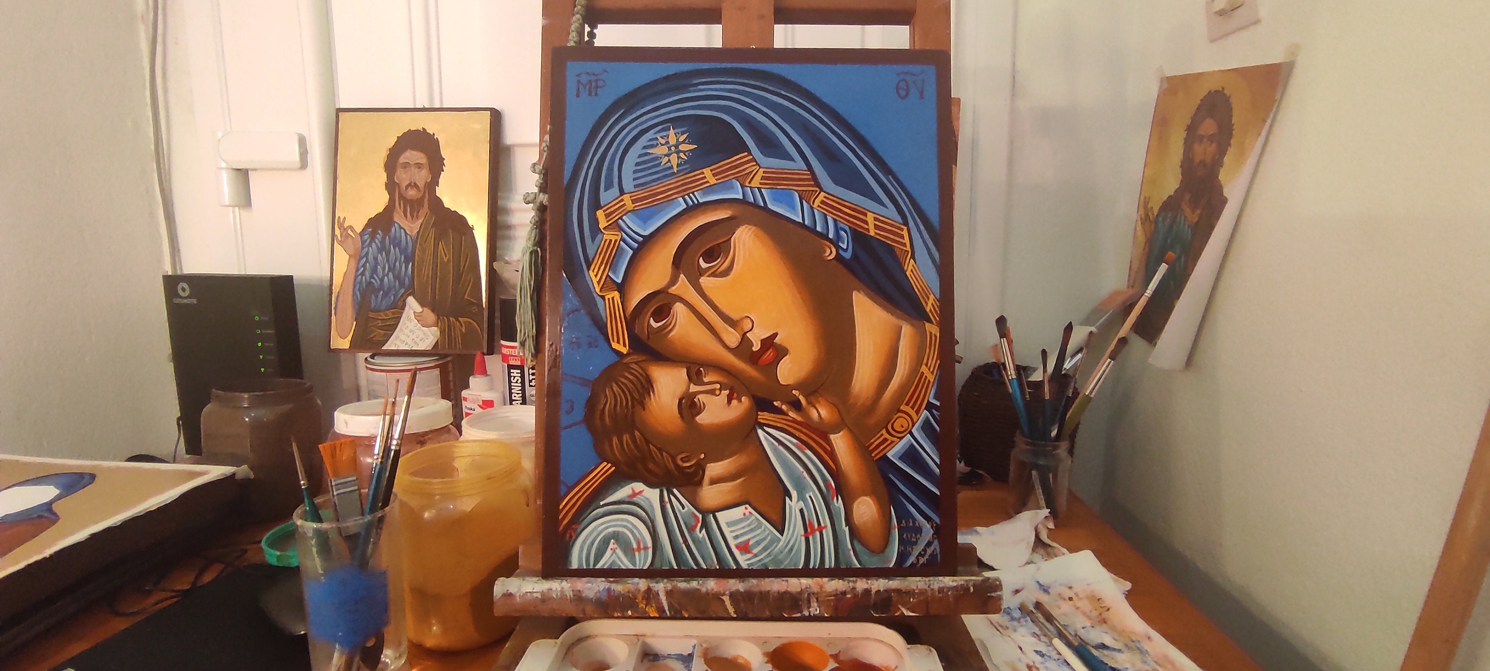 Virgin Mary Sweet Kissing Icon - Handmade Greek Orthodox Byzantine Icon On Solid Wood 7.48x9.84"