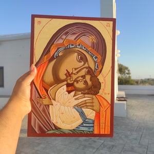Virgin Mary Sweet kissing,Panagia Glykofilousa,Handpainted Greek Orthodox Byzantine Icon