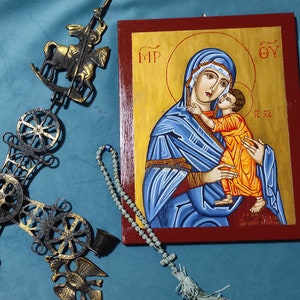 Virgin Mary Sweet kissing,Panagia Glykofilousa,Handpainted Greek Orthodox Byzantine Icon