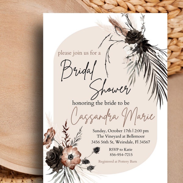 Gothic Boho Bridal Shower Invitation, Black Rose Bridal Shower Invitation, Bridal Shower Invitation, Boho Bridal Shower Invitation