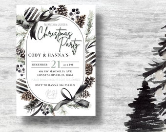 Boho Christmas Invitation, Modern black and White Christmas Invitation, Modern Christmas Party Invitation, Modern Wreath Invitation