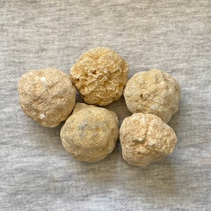 Puede incluir: Cinco piedras redondas de geoda beige con una superficie rugosa y texturizada. Las piedras están dispuestas en un grupo sobre un fondo de tela gris.