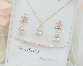 Elegance Teardrop Earring, Necklace, Bracelet 3 Set. Bridesmaid Jewelry Set. Bridal Jewelry Set. Minimal Wedding Jewelry Set- 3 Colors