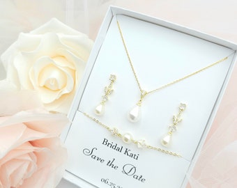 GOLD, SILVER Leaf with 10MM Teardrop  Earring, Necklace, Bracelet 3Set. Bridesmaid Jewelry Set. Bridal Jewelry Set.-2colors