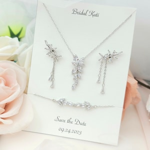 Cubic Zirconia Leaf Drop Earring & Necklace, Bracelet  Set. 925 Silver post Small Teardrop Earring. bridesmaid Jewerly. Bridal jewerly Set.