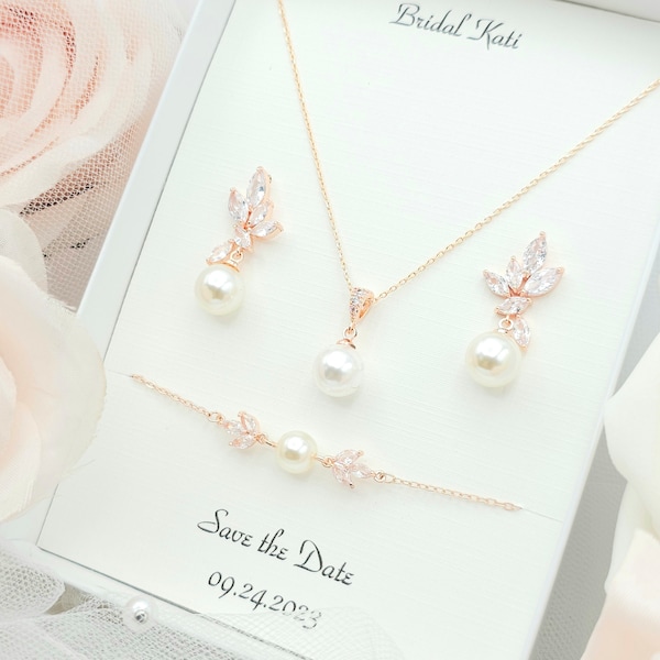 10MM Round Pearl With  Leaf  Earring, Necklace, Bracelet Set .ROSE GOLD, GOLD Bridal Jewelry. Bridesmaid Jewelry . Wedding Earring.