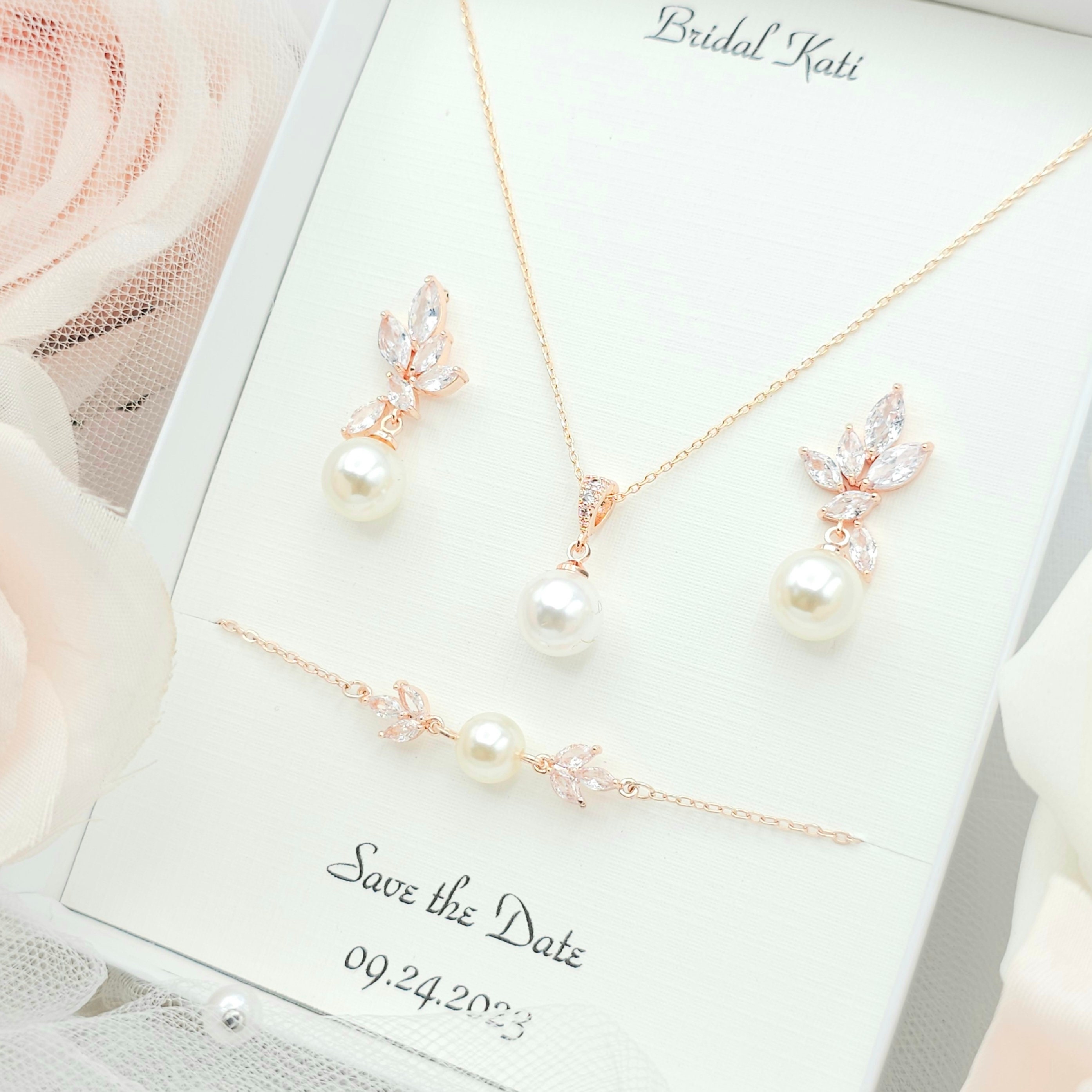Rose Gold Necklace and Earring Set Bridal Jewelry Set CZ Backdrop Necklace  Bridal Drop Earrings Wedding Jewelry Accessories Dangle Earrings 