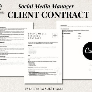 May include: A black and white contract template for social media management services. The document includes sections for confidentiality, intellectual property, termination, dispute resolution, limitation of liability, governing law, entire agreement, and amendments. The document also includes a signature and date section for both the social media manager and the client.