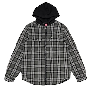 May include: A gray and black plaid flannel shirt with a black hooded zippered jacket. The jacket has a zipper closure and two pockets.