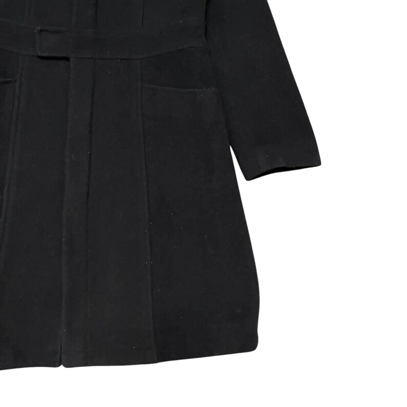 May include: Black coat with a belt and two front pockets. The coat has long sleeves and a tailored fit. The fabric appears to be a medium-weight material, suitable for cooler weather. The coat is a solid black color.