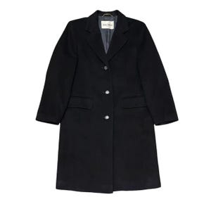 May include: A black wool coat with a classic design. The coat features a notched collar, three buttons, and two front pockets. The brand name "BALMAIN" is visible on a label inside the coat.