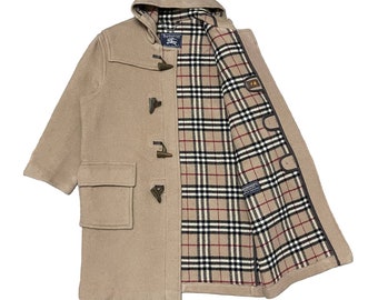 BURBERRY BRIT Black Wool Womens Duffle Coat With Check Hood Size