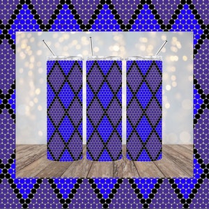 May include: Three stainless steel tumblers with a black and purple geometric pattern. The tumblers are on a wooden surface with a blurred background.