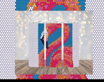 May include: Three stainless steel tumblers with a pink flamingo design. The flamingo is made up of colorful mosaic tiles. The tumblers are on a wooden surface.