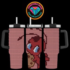 May include: Three insulated tumblers with black handles and lids. The tumblers are covered in a pink dot pattern. One tumbler features a cartoon character design. A circular logo with text and a diamond graphic is above the tumblers.