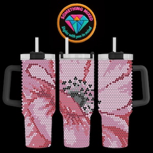 May include: Three insulated tumblers with handles and straws, featuring a pink floral design made of small hexagons. The tumblers have black handles and lids. The image includes a circular logo that says "Something Mixed" and "Styles with you in mind."