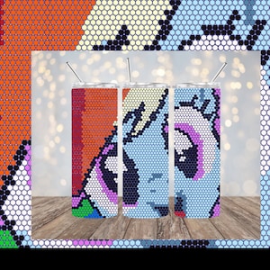 May include: Three stainless steel tumblers featuring a colourful pixelated design of a cartoon character. The design incorporates a rainbow of colours, including red, orange, yellow, green, blue, and purple.